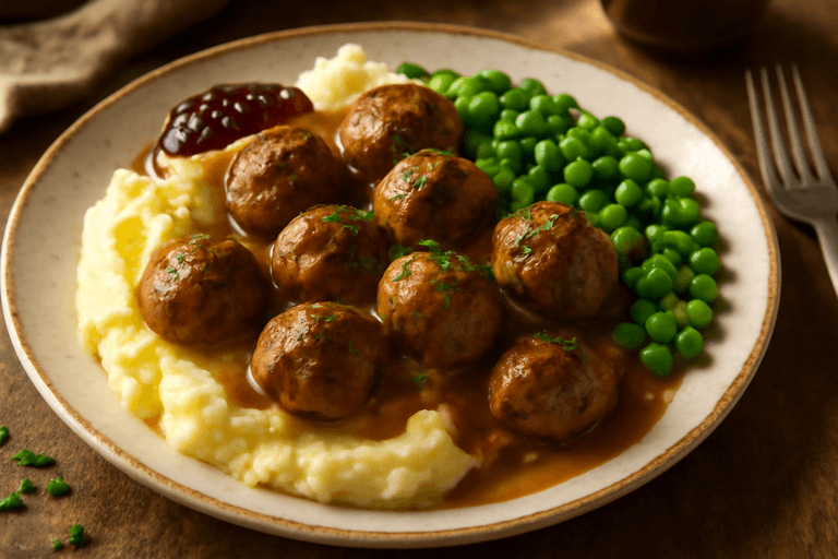 Proteinrik klassisk köttbullstallrik med potatismos och gräddsås