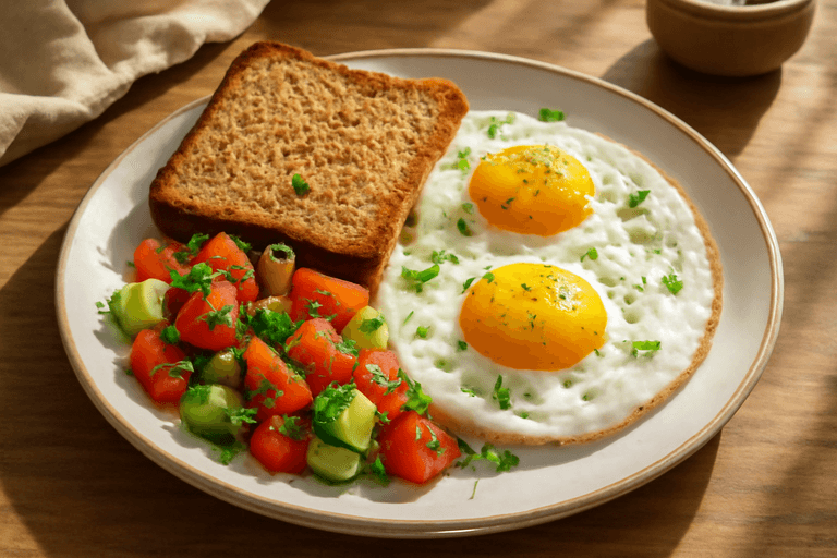Яичница с овощами и цельнозерновым тостом