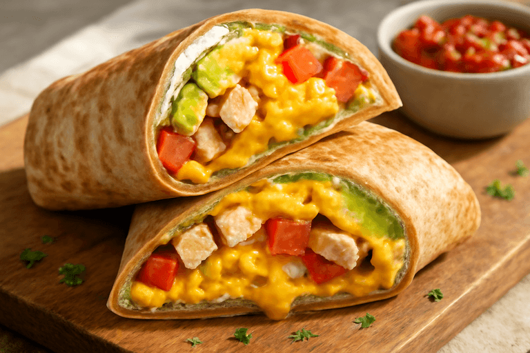 Power-Frühstücks-Burrito mit Ei, Hähnchen und Avocado