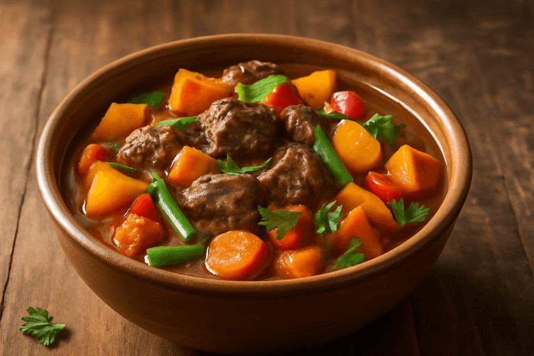 Herzhafter Rindfleisch-Gemüse-Eintopf mit Süßkartoffeln