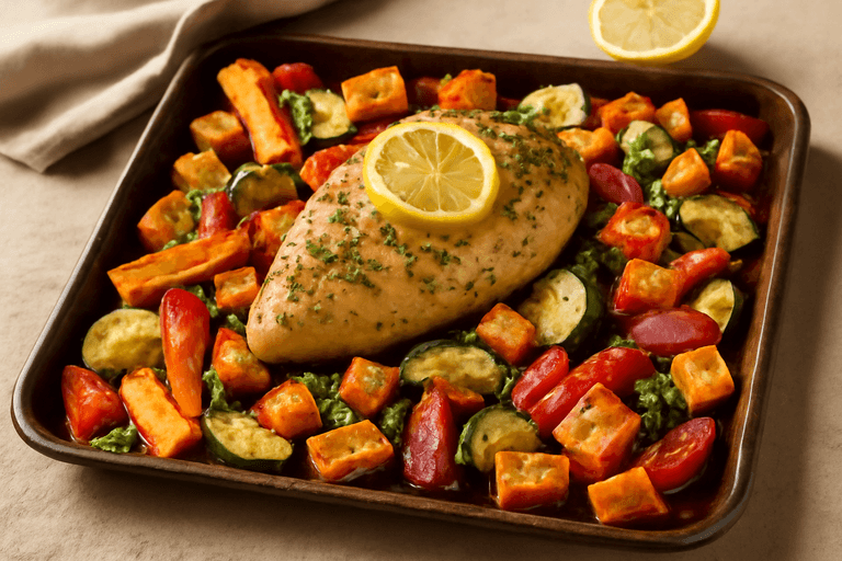 Citrondoftande kyckling med ugnsrostade grönsaker