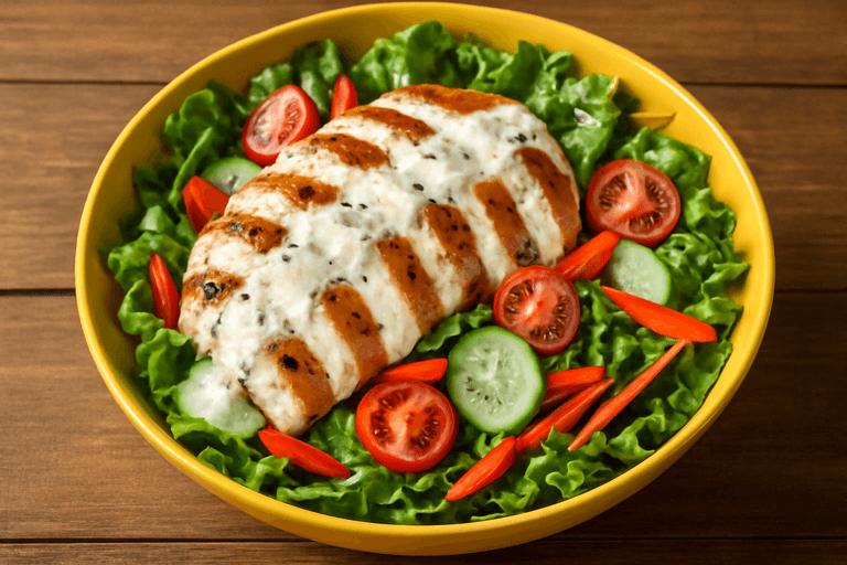 Salată de pui la grătar cu legume proaspete și dressing de iaurt