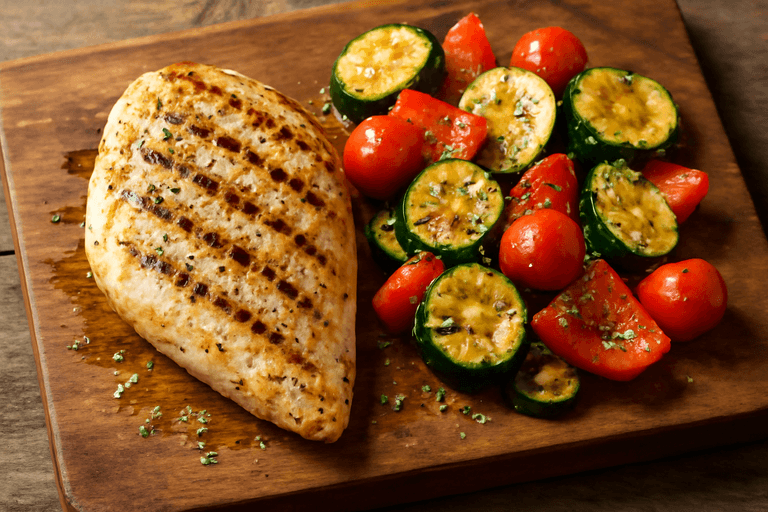 Piept de pui la grătar cu legume mediteraneene