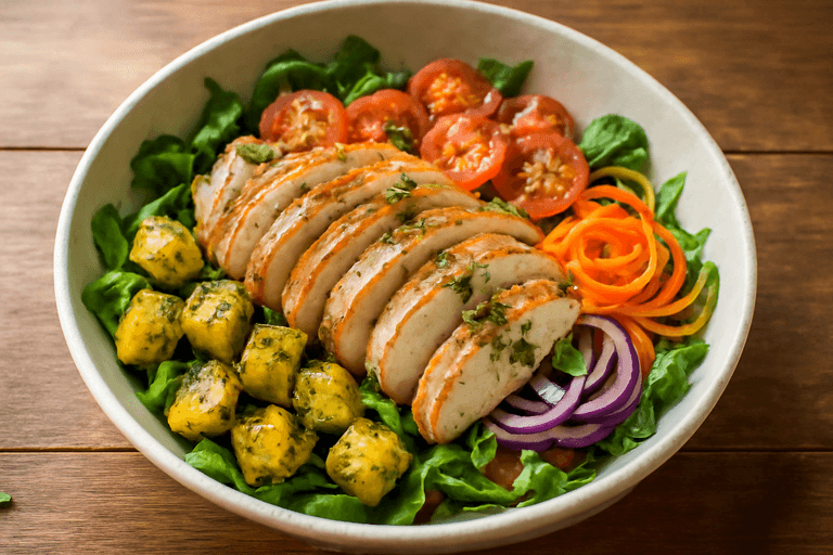 Lätt kycklingsallad med rostade grönsaker