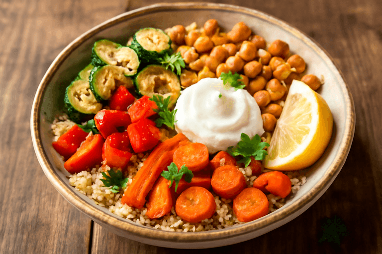 Bol de quinoa aux légumes grillés et pois chiches croquants