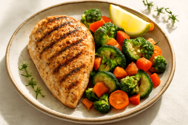 Piept de pui la grătar cu garnitură de legume colorate