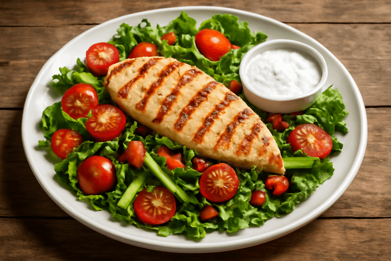 Salată de pui la grătar cu legume proaspete și sos de iaurt