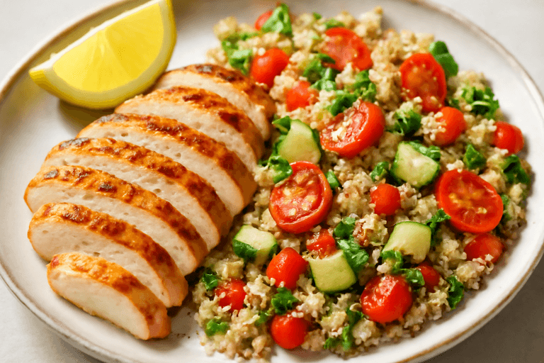 Piept de pui la grătar cu salată de quinoa și legume proaspete