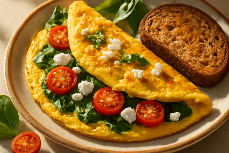 Omletă energizantă cu spanac și roșii