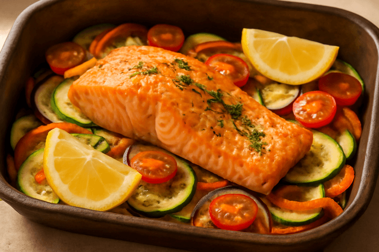 Ugnsbakad lax med grönsaksbädd och citron