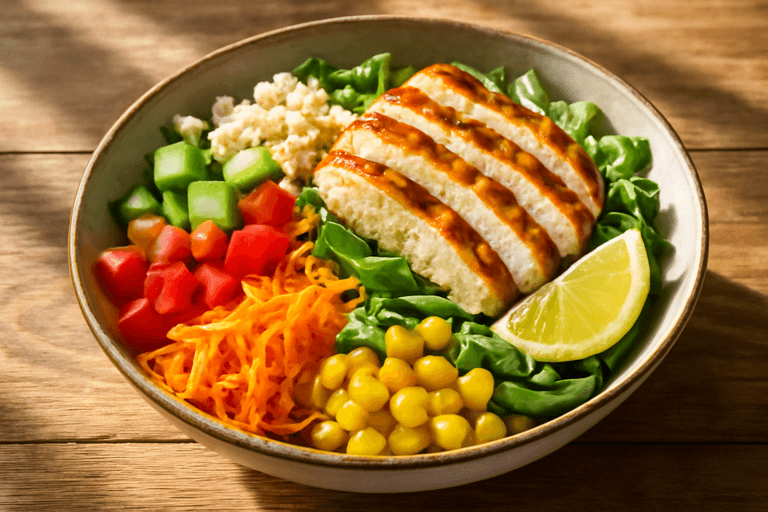 Salada de Frango Grelhado com Quinoa e Legumes Coloridos