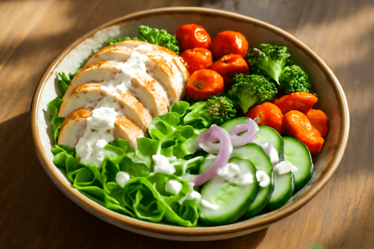 Proteinrik kyllingsalat med ovnsbakte grønnsaker