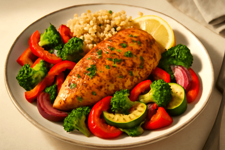Saftig ovnsbakt kyllingfilet med grønnsaker og fullkornsris
