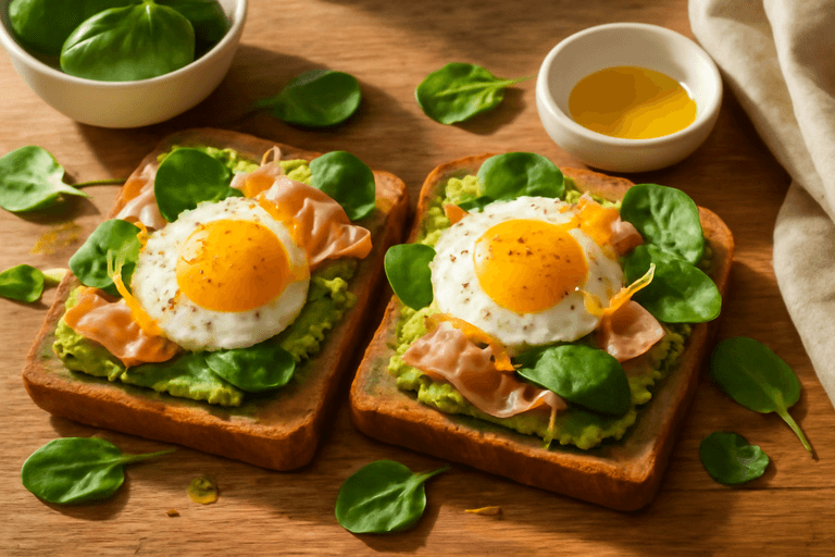 Tostadas de Huevo y Aguacate con Queso y Jamón