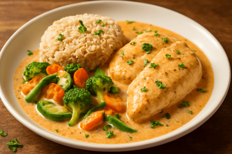 Pollo a la Crema con Arroz Integral y Verduras
