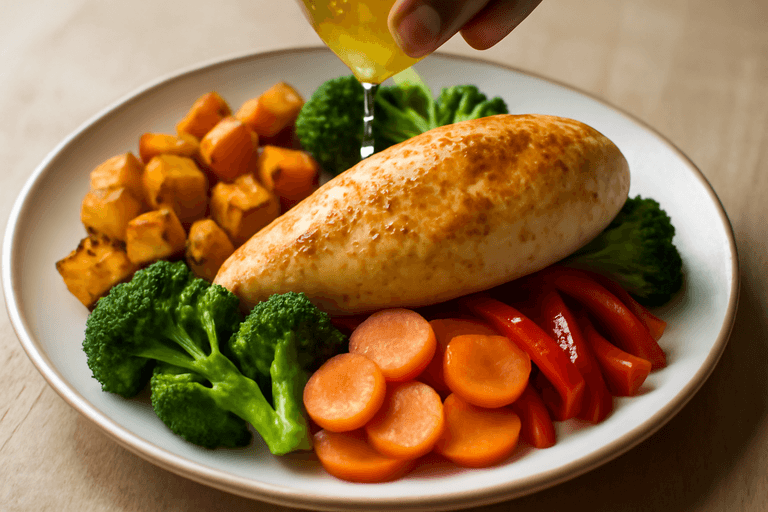 Proteinreiches Hähnchen mit Süßkartoffel und Gemüse