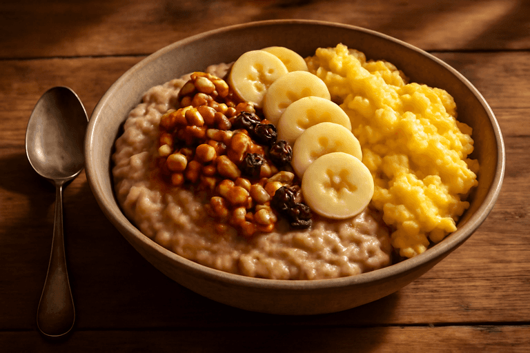 Kräftiges Haferflocken-Powerfrühstück mit Eiern & Nüssen