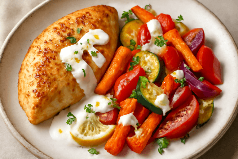 Kycklingfilé med ugnsrostade grönsaker och citronyoghurt