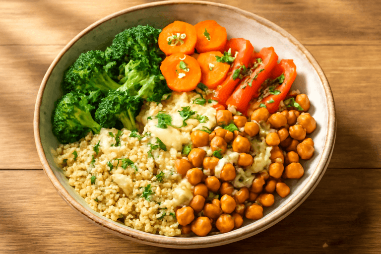 Bunte Quinoa-Bowl mit geröstetem Gemüse & Kichererbsen