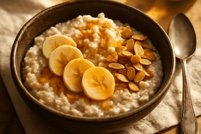 Овсянка с нежирным творогом, бананом и миндалем