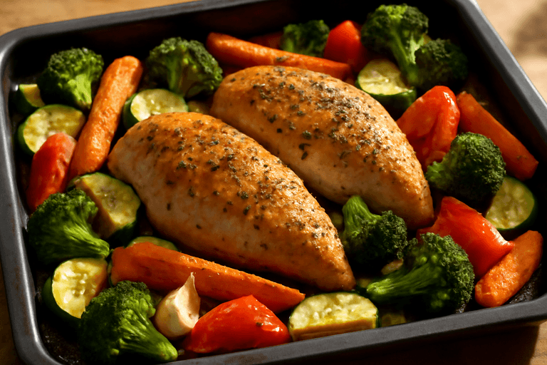 Pui la cuptor cu legume colorate și ierburi aromatice