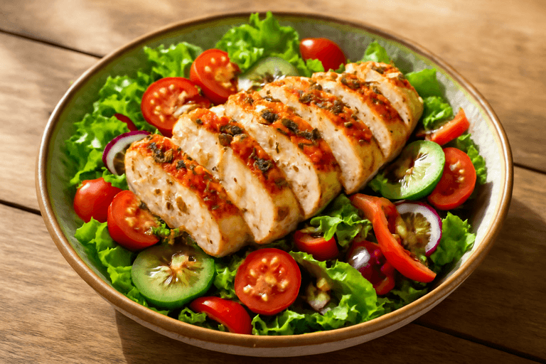 Salată clasică cu piept de pui la grătar și legume proaspete