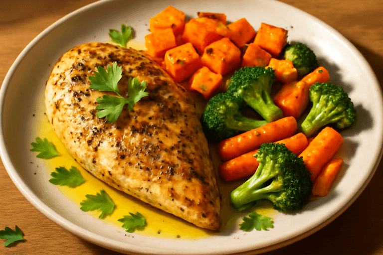 Poulet rôti aux herbes et légumes colorés