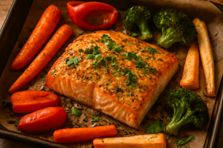 Kryddig ugnsbakad lax med rostade grönsaker