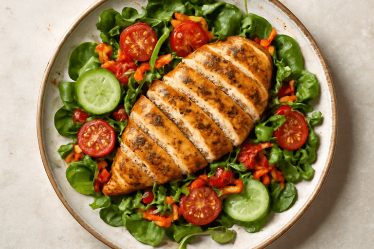Salată energizantă cu piept de pui la grătar și legume proaspete