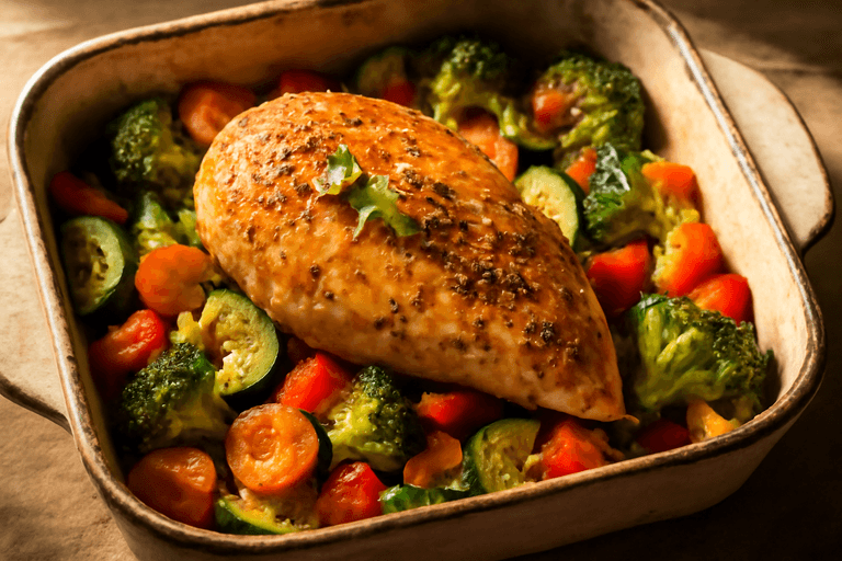 Piept de pui la cuptor cu legume colorate și ierburi aromate