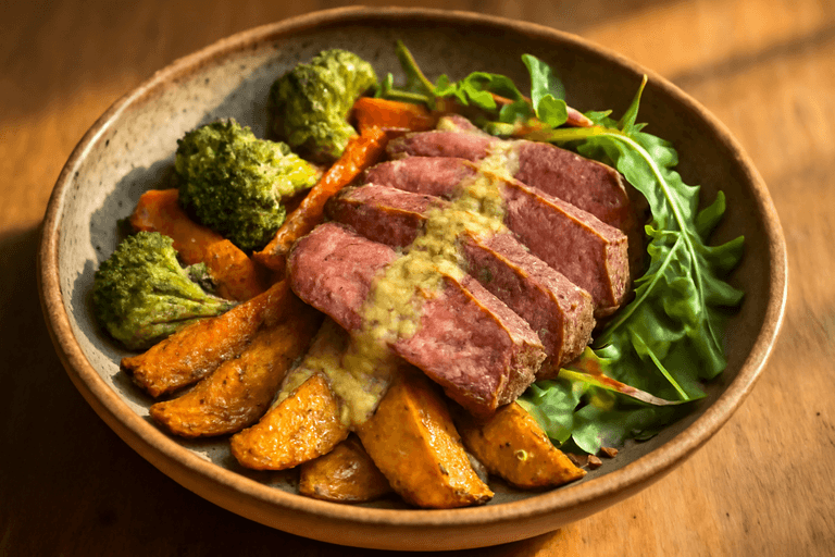 Herzhafter Rindersteak-Bowl mit Ofenkartoffeln & Gemüse