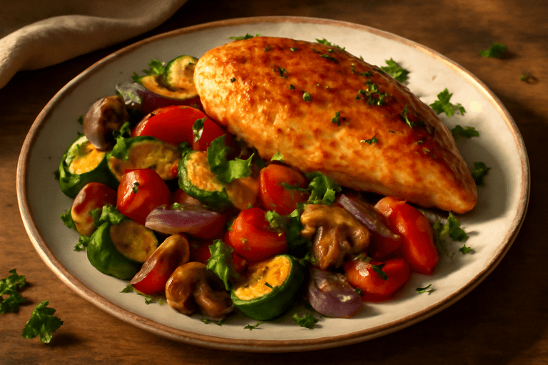 Gebratene Hähnchenbrust mit mediterranem Gemüse