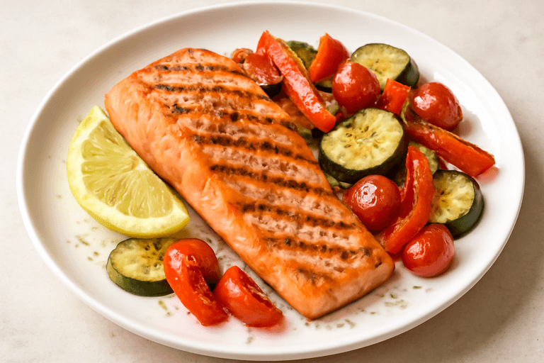 Somon la grătar cu legume mediteraneene