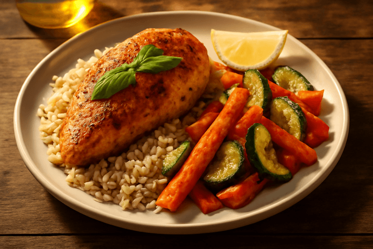 Lätt Kyckling med Rostade Grönsaker & Fullkornsris