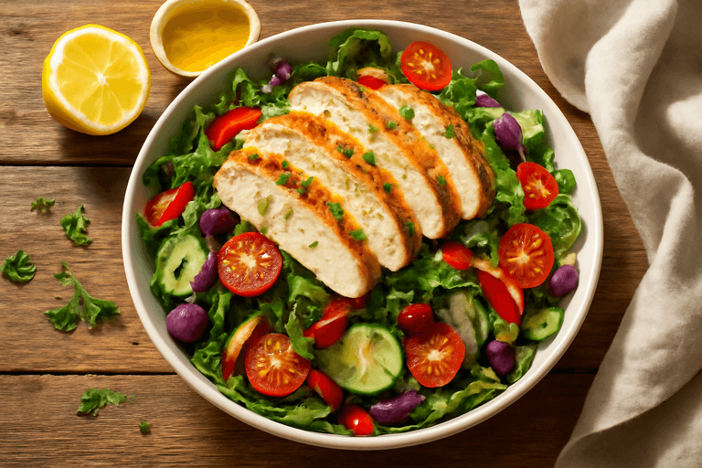 Lunssalat med grillet kylling og fargerike grønnsaker