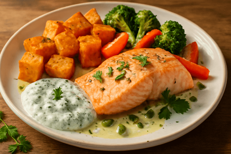Ovnsbakt laks med grønnsaker og urtedressing