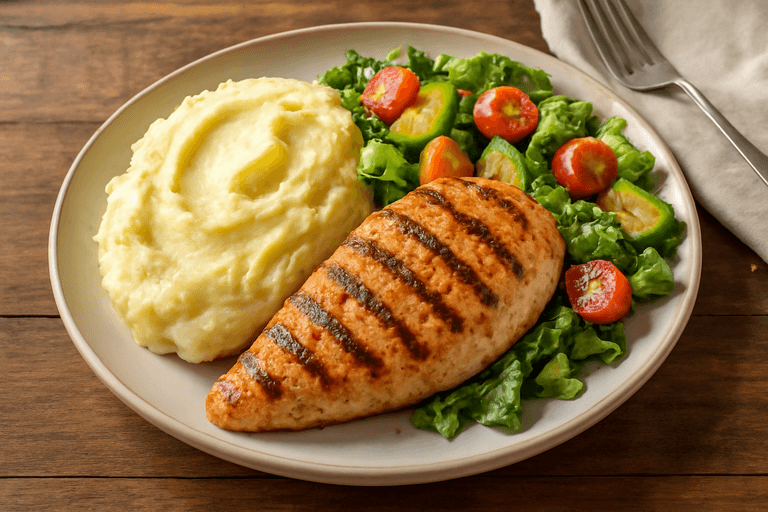 Pollo a la plancha con puré de patatas y ensalada crujiente
