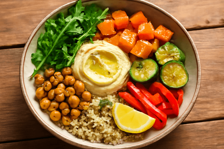Bol de Quinoa Printanier aux Légumes Rôtis et Houmous
