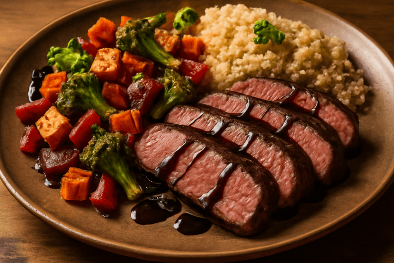 Proteinreiches Rindersteak mit Ofengemüse & Quinoa