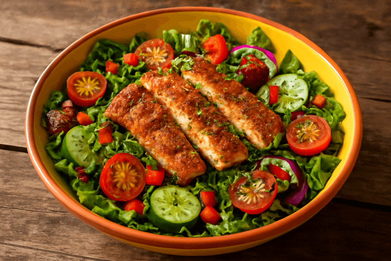 Knapperige kipsalade met kleurrijke groenten