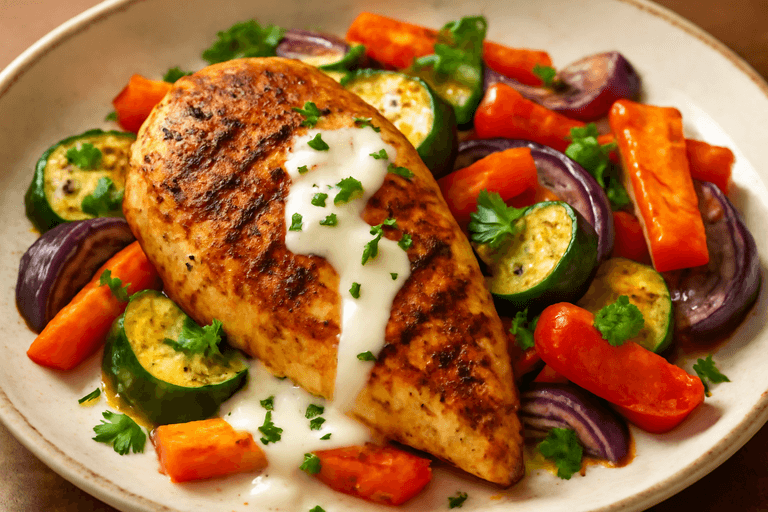 Kruidige Gegrilde Kipfilet met Geroosterde Groenten