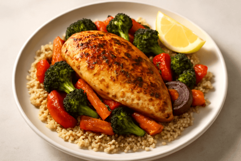 Ovnsbakt kyllingfilet med grønnsaker og quinoa