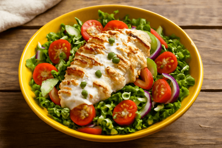 Salată de pui cu legume proaspete și dressing ușor de iaurt