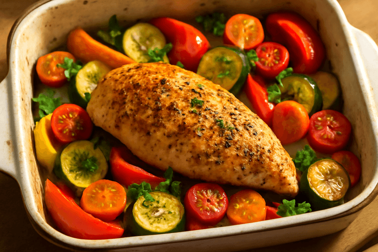 Запечённая куриная грудка с овощами и травами