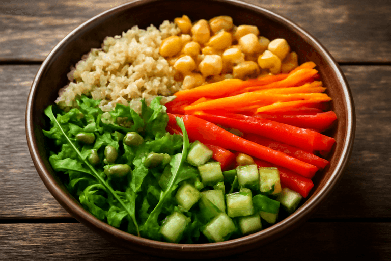 Salată vegană de quinoa cu năut și legume crude