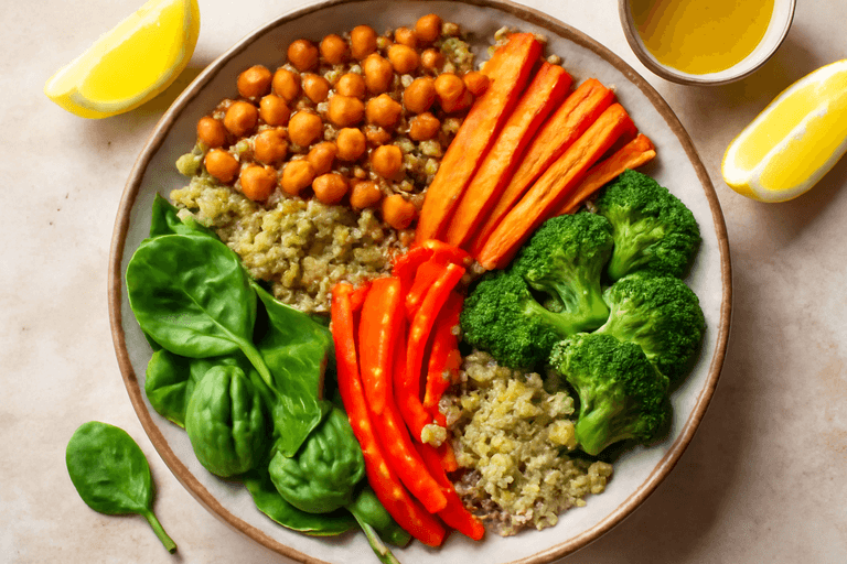 Bowl vegan cu năut crocant și legume la cuptor