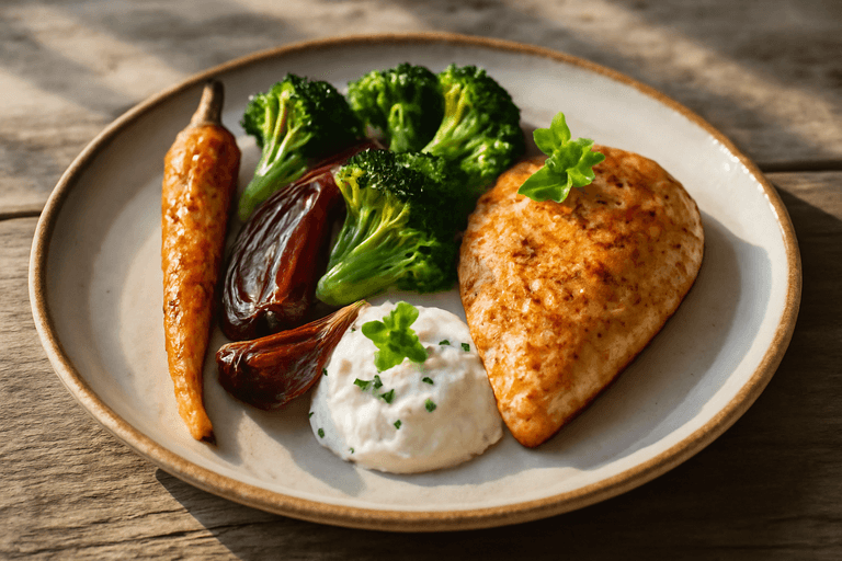 Kycklingfilé med rostade grönsaker och kvargsås