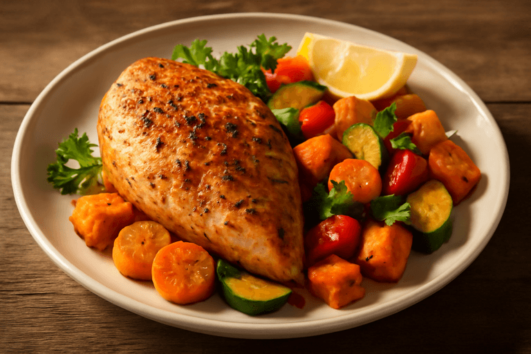 Kycklingfilé med rostad sötpotatis och grönsaker