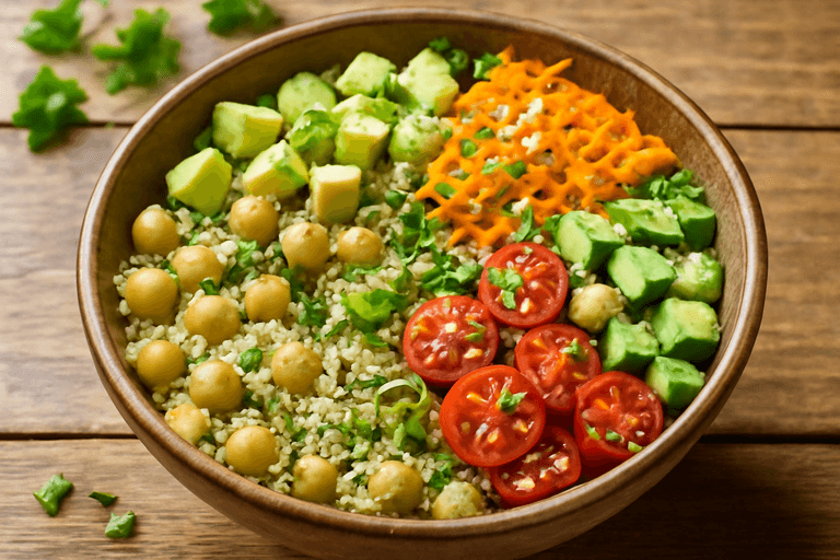 Salade de quinoa aux pois chiches, avocat et légumes frais