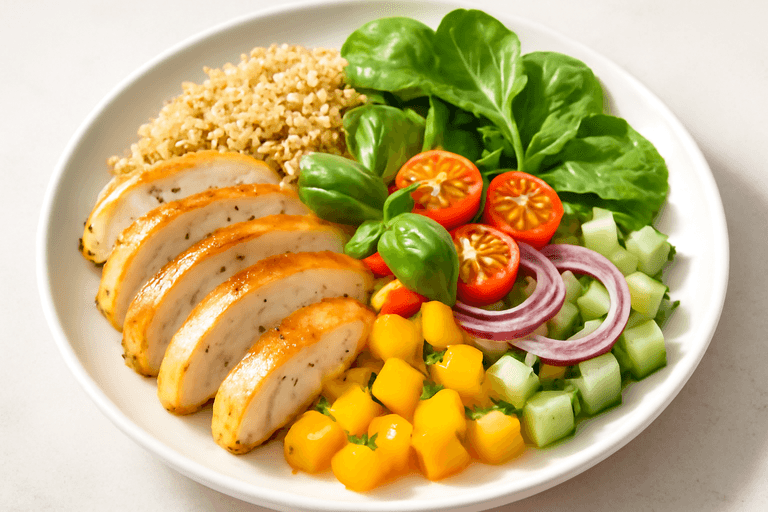 Saftig kycklingsallad med quinoa och färska grönsaker